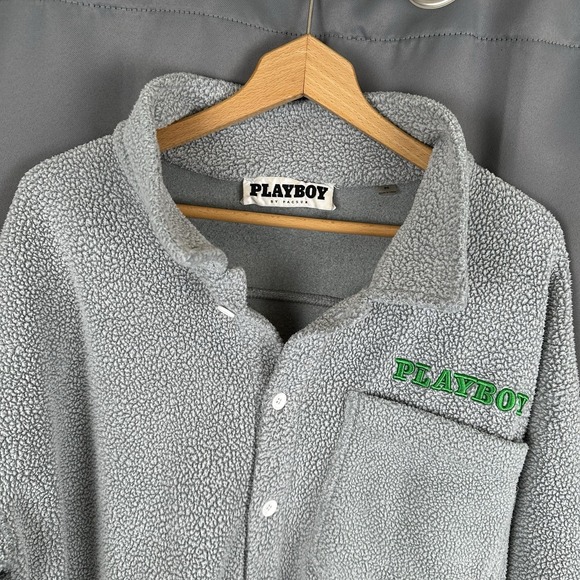 Playboy By PacSun Men's M  Formula Sherpa Woven Button Shirt Gray 80's Retro - Picture 2 of 8